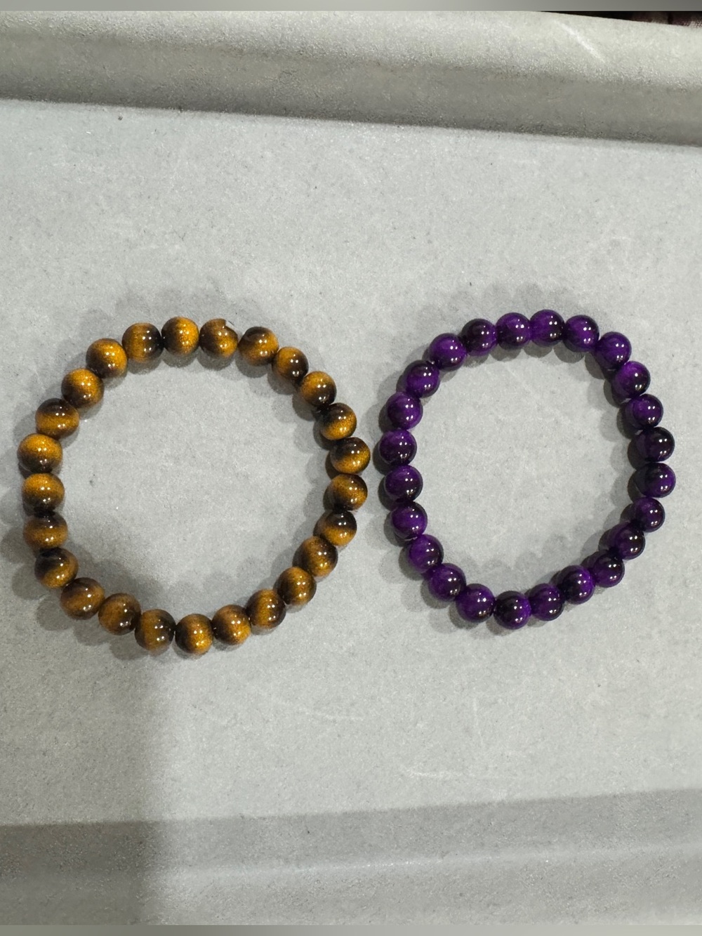 Tiger Eye & Purple glass Beaded  Stretch Bracelets - Set of 2